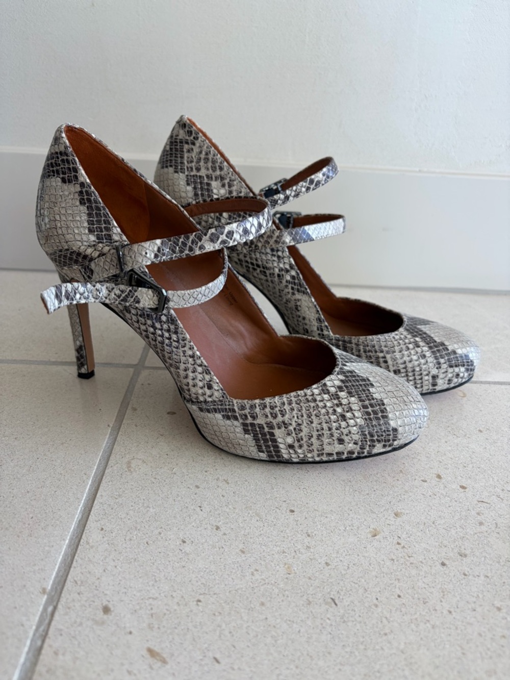 Via Spiga Black & White Snake-Print Mary Jane Heels